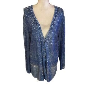 Nic + Zoe Plus Size 2X Linen Blend Cardigan Sweater Blue Button Front